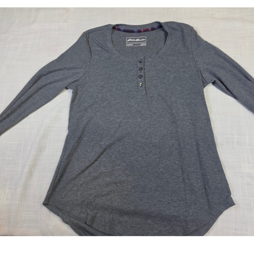 Eddie Bauer Womens Gray Ribbed Henley Long Sleeve Sleep Shirt Small 1393